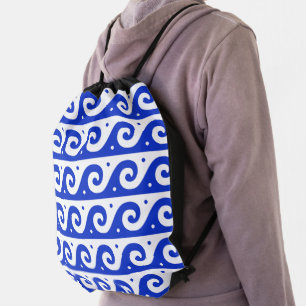 Greek Fret, Mediterranean Wave Pattern, Blue Drawstring Bag