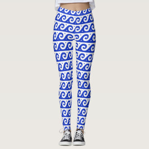 Greek Fret, Mediterranean Wave Pattern, Blue Leggings