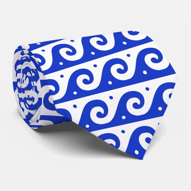 Greek Fret, Mediterranean Wave Pattern, Blue Neck Tie (Rolled)