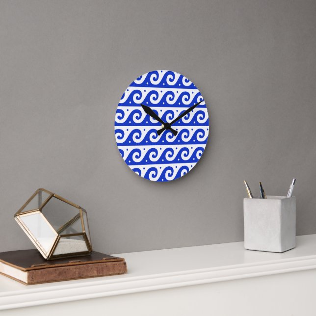 Greek Fret, Mediterranean Wave Pattern, Blue Round Clock (Office)