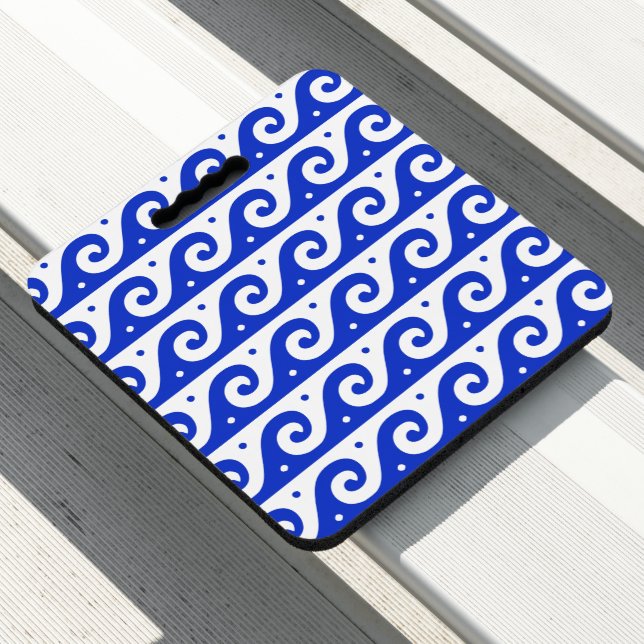 Greek Fret, Mediterranean Wave Pattern, Blue Seat Cushion (In Situ)