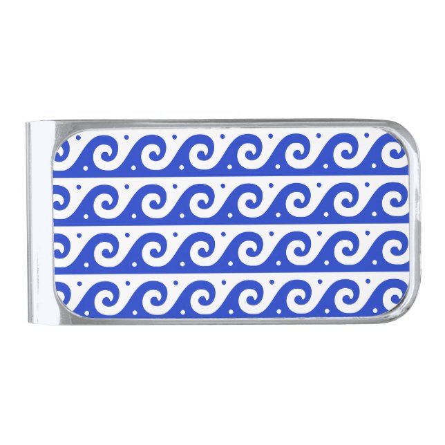 Greek Fret, Mediterranean Wave Pattern, Blue Silver Finish Money Clip (Front)