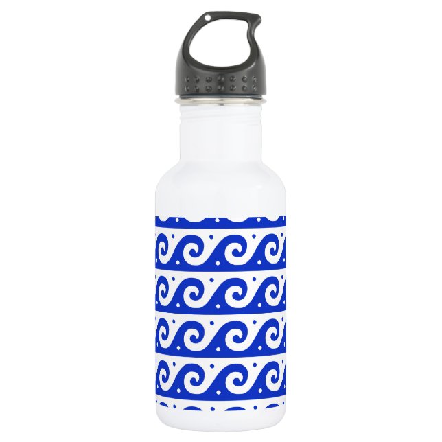 Greek Fret, Mediterranean Wave Pattern, Blue Stainless Steel Water Bottle (Front)