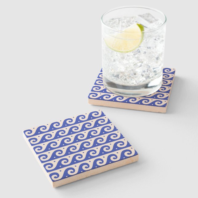 Greek Fret, Mediterranean Wave Pattern, Blue Stone Coaster (Side)