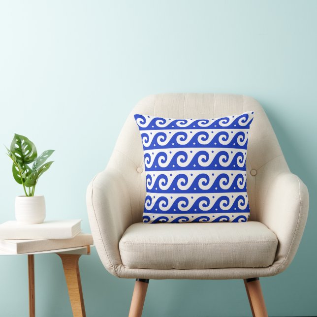Greek Fret, Mediterranean Wave Pattern, Blue Throw Pillow (Chair)