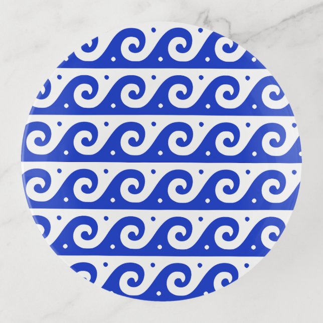 Greek Fret, Mediterranean Wave Pattern, Blue Trinket Tray (Front)