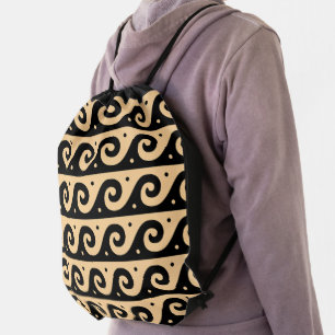 Greek Fret, Mediterranean Wave Pattern, Brown Drawstring Bag