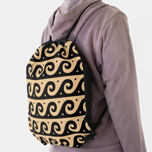 Greek Fret, Mediterranean Wave Pattern, Brown Drawstring Bag (Insitu)