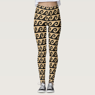 Greek Fret, Mediterranean Wave Pattern, Brown Leggings