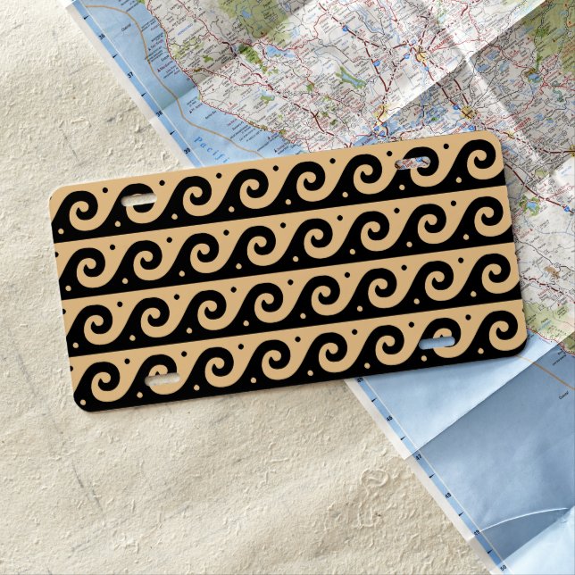 Greek Fret, Mediterranean Wave Pattern, Brown License Plate (In Situ)