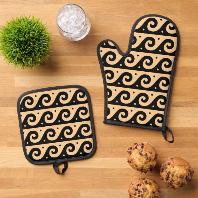 Greek Fret, Mediterranean Wave Pattern, Brown Oven Mitt & Pot Holder Set (Top Down)