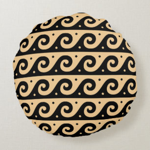Greek Fret, Mediterranean Wave Pattern, Brown Round Pillow