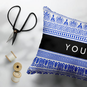 Greek Fret, Mixed Meander Key, Blue, Your Name Accent Pillow