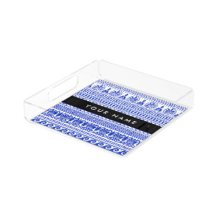 Greek Fret, Mixed Meander Key, Blue, Your Name Acrylic Tray