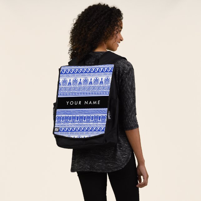 Greek Fret, Mixed Meander Key, Blue, Your Name Backpack (Worn)