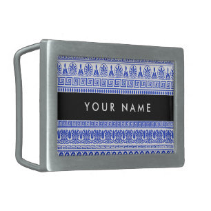 Greek Fret, Mixed Meander Key, Blue, Your Name Belt Buckle