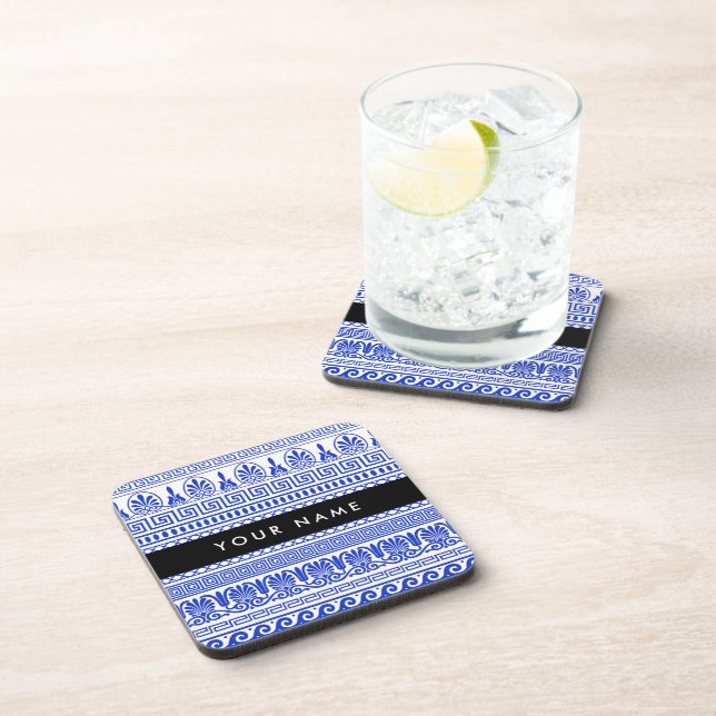 Greek Fret, Mixed Meander Key, Blue, Your Name Beverage Coaster (Right Side)