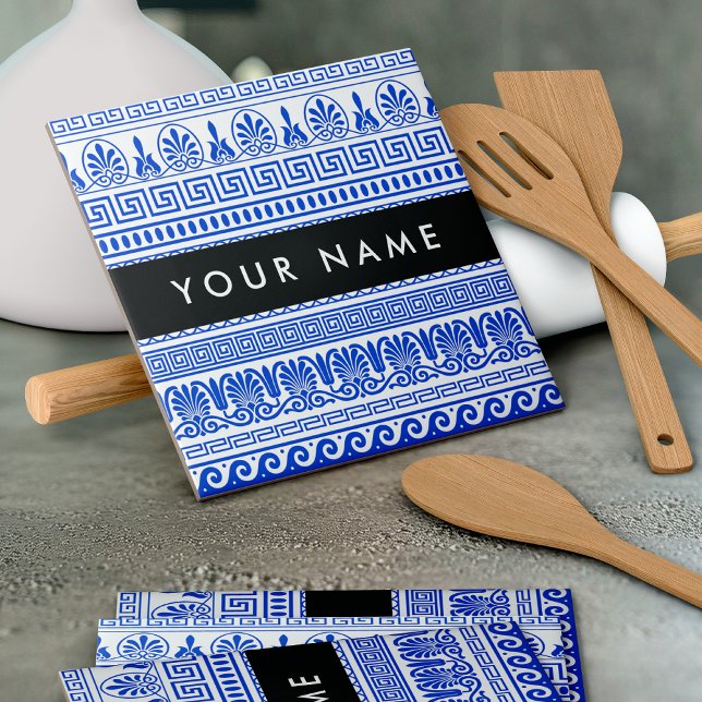 Greek Fret, Mixed Meander Key, Blue, Your Name Ceramic Tile (Creator Uploaded)