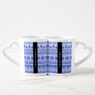 Greek Fret, Mixed Meander Key, Blue, Your Name Coffee Mug Set