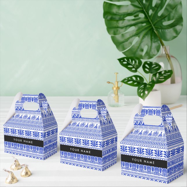 Greek Fret, Mixed Meander Key, Blue, Your Name Favor Boxes (Multiple)