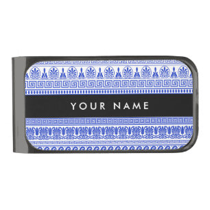 Greek Fret, Mixed Meander Key, Blue, Your Name Gunmetal Finish Money Clip