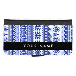 Greek Fret, Mixed Meander Key, Blue, Your Name iPhone 8/7 Wallet Case