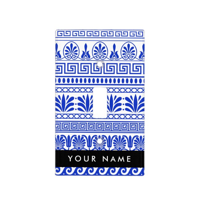 Greek Fret, Mixed Meander Key, Blue, Your Name Light Switch Cover (Front)