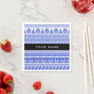 Greek Fret, Mixed Meander Key, Blue, Your Name Napkins