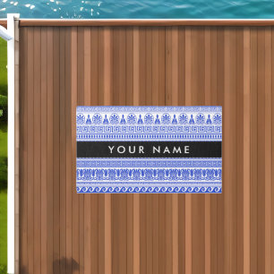 Greek Fret, Mixed Meander Key, Blue, Your Name Outdoor Rug