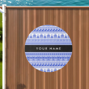 Greek Fret, Mixed Meander Key, Blue, Your Name Outdoor Rug