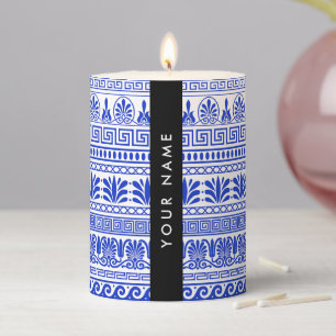 Greek Fret, Mixed Meander Key, Blue, Your Name Pillar Candle