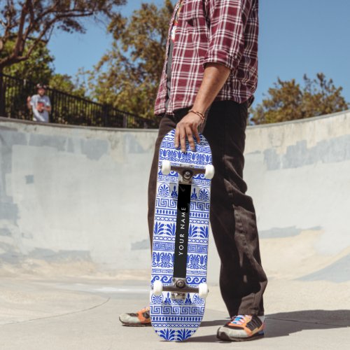 Greek Fret, Mixed Meander Key, Blue, Your Name Skateboard