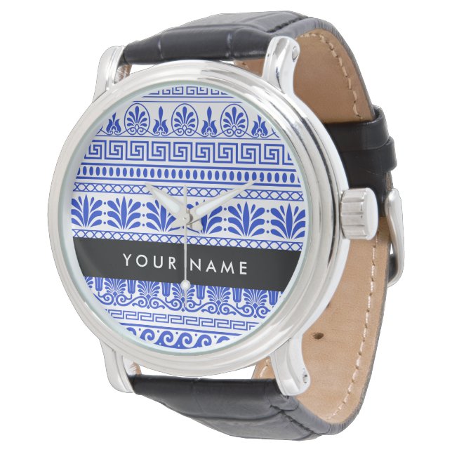 Greek Fret, Mixed Meander Key, Blue, Your Name Watch (Angled)