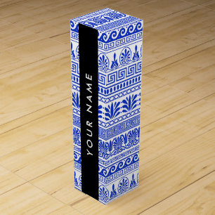 Greek Fret, Mixed Meander Key, Blue, Your Name Wine Box