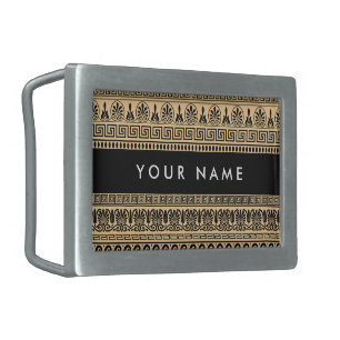 Greek Fret, Mixed Meander Key, Brown, Your Name Belt Buckle