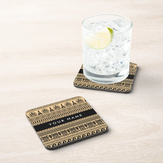 Greek Fret, Mixed Meander Key, Brown, Your Name Beverage Coaster (Right Side)