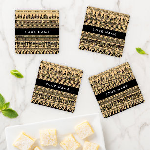 Greek Fret, Mixed Meander Key, Brown, Your Name Coaster Set