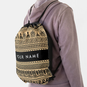 Greek Fret, Mixed Meander Key, Brown, Your Name Drawstring Bag