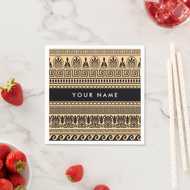 Greek Fret, Mixed Meander Key, Brown, Your Name Napkins (Insitu)