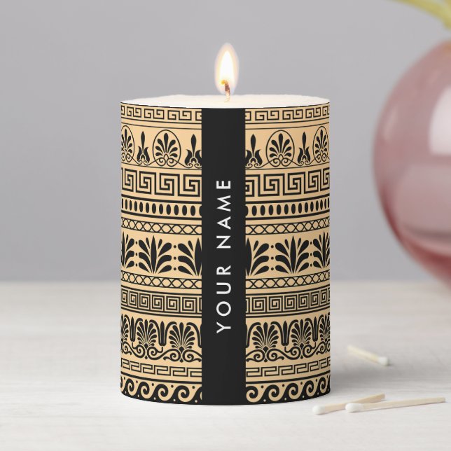Greek Fret, Mixed Meander Key, Brown, Your Name Pillar Candle (In Situ)