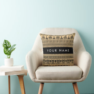 Greek Fret, Mixed Meander Key, Brown, Your Name Throw Pillow