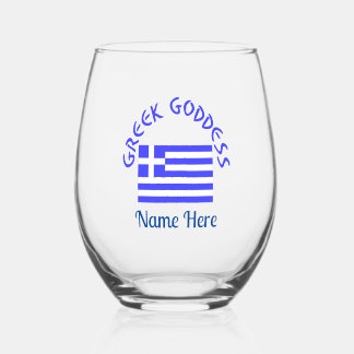 Greek Goddess and Flag of Greece Personalized Stemless Wine Glass