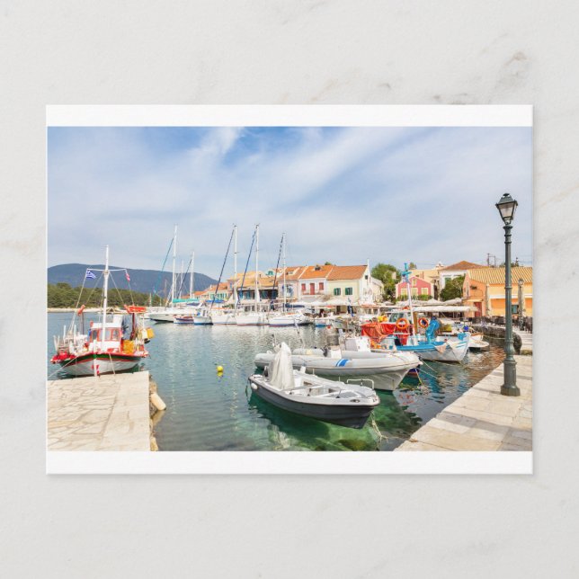 Greek harbor with sailing boats in Fiskardo Postcard (Front)