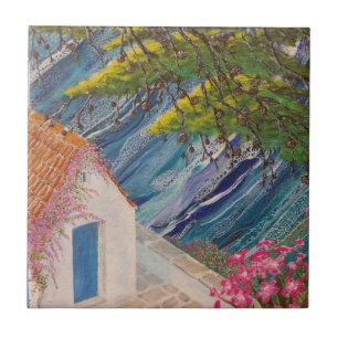Greek Holidays Blue and Pink Ceramic Tile