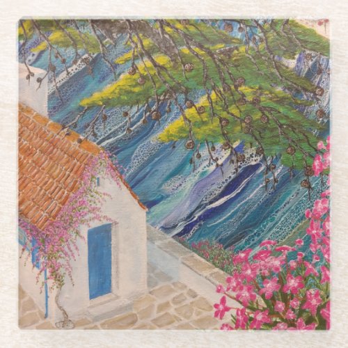 Greek Holidays Blue and Pink Glass Coaster