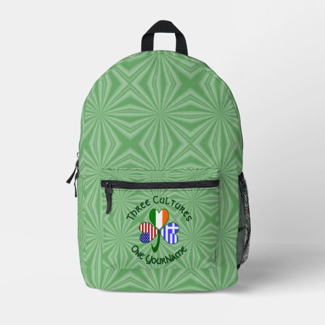 Greek Irish USA Shamrock Flags Personalize Text  Printed Backpack (Front)