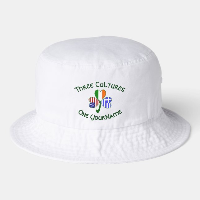 Greek Irish USA Shamrock Flags Personalized Text  Bucket Hat (Front)
