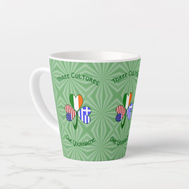 Greek Irish USA Shamrock Flags Personalized Text  Latte Mug (Left Angle)