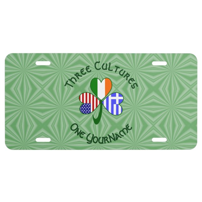 Greek Irish USA Shamrock Flags Personalized Text  License Plate (Front)