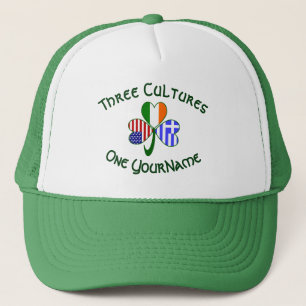 Greek Irish USA Shamrock Flags Personalized Text  Trucker Hat